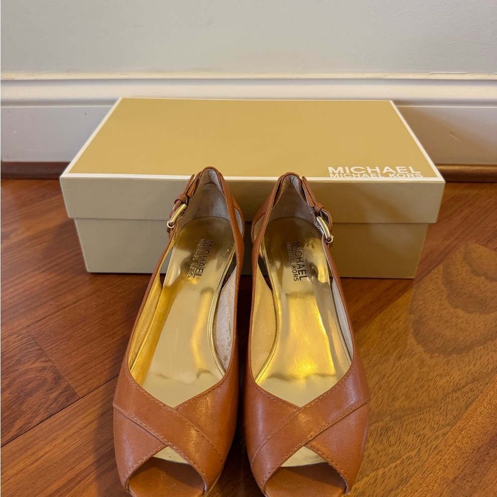 Michael by Michael Kors Women's Tan Peep-Toe Wedge Heeled Sandal, Size 6.5M